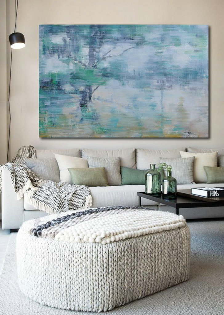 Original Artwork Extra Large Abstract Painting,Horizontal Abstract Landscape Oil Painting On Canvas,Big Painting,Grey,Green,Yellow.etc